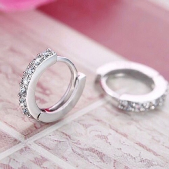 925 Silver Plated Cubic Zirconia CZ Diamond Small Hoop Earrings for Women Men - Picture 3 of 4